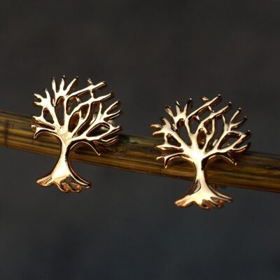 Mini orecchini a bottone con albero della vita - 925 placcati in oro rosa - OHR925-135