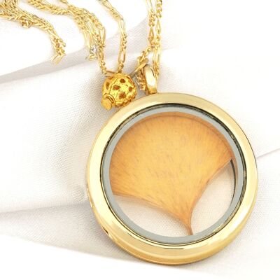 Ginkgo Leaf Gold Glass Amulet Pendant - 925 Sterling Gold Plated Chain - Natural Jewelry - K925-28