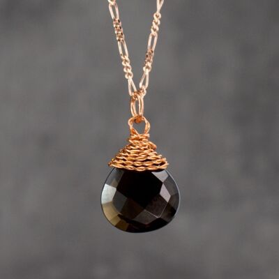 Smoky Quartz Drop Crystal Pendant Chain - 925 Sterling Rose Gold Plated Quartz Gemstone Necklace - K925-95