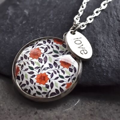Tile Glass Pendant - Silver Plated Flower Ornament Necklace - Minimalist Gift Idea - VIK-35