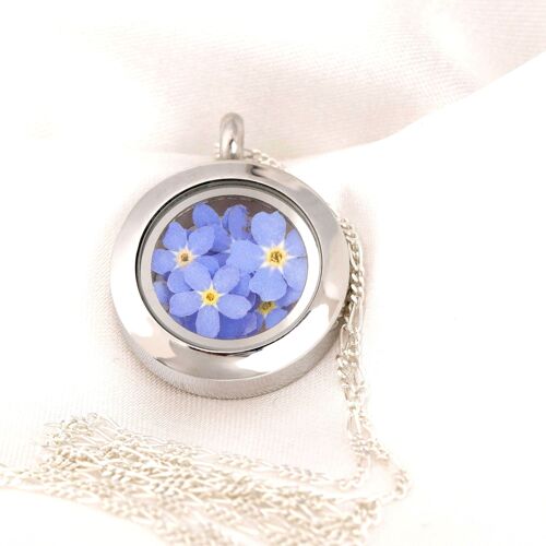 Vergissmeinnicht Blüten Medaillon - Glasmedaillon mit Echten Blüten 925 Sterling Silber Halskette - K925-134