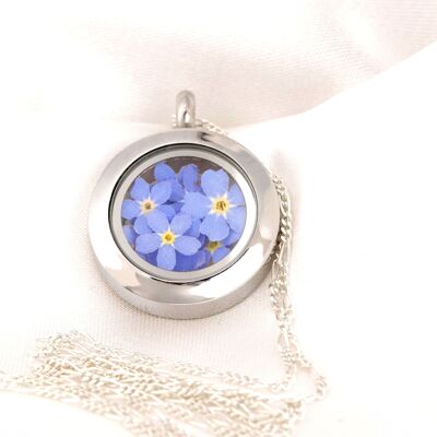 Forget-Me-Not Flower Locket - Glass Locket with Real Flowers 925 Sterling Silver Necklace - K925-134