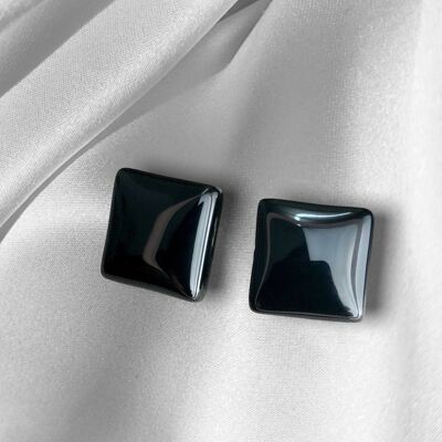 Onyx Square Stud Earrings - 925 Sterling Silver Gemstone Minimalist Earrings - OHR925-69