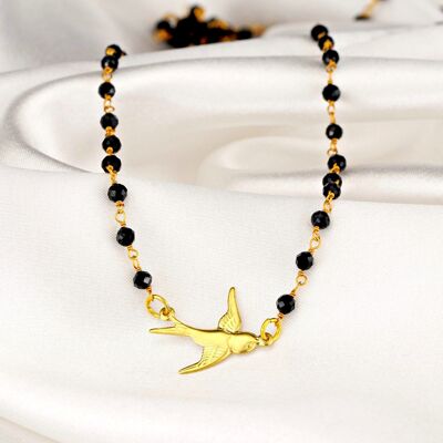 Onyx Gemstone Necklace - Gold Swallow Nature Inspired Jewelry - VIK-04 - Short Chain 50cm