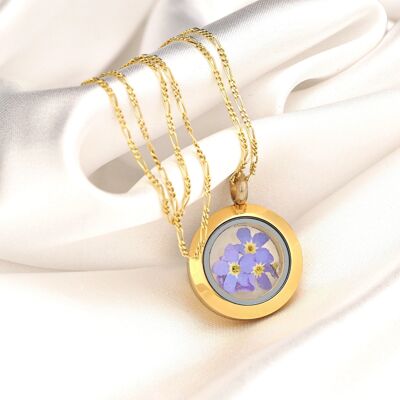 Forget-Me-Not Medallion - Glass Pendant Real Flowers 925 Sterling Gold Plated Chain - K925-70