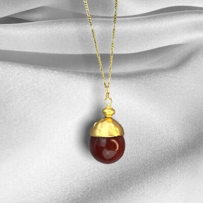 Red Agate Pearl Gold Pendant Necklace - 925 Sterling Gold Plated Oriental Gemstone Orient Jewelry - K925-83