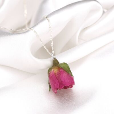 Ciondolo in vera rosa con catena in argento sterling 925 - Collana botanica - K925-117