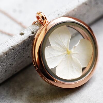 Collar de flor de hortensia blanca chapada en oro rosa de ley 925 - VIK-141