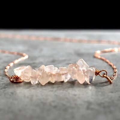 Chaîne de barre de quartz rose - Collier Aura de pierres précieuses d'amour rose plaqué or rose 925 - K925-30