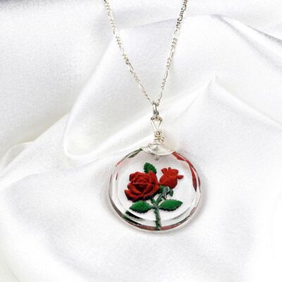 Frosted Rose Glass Pendant Necklace - 925 Sterling Silver 3D Symbolic Jewelry - K925-47