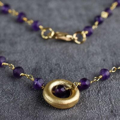 Amethyst Gold Kreis Kette - Vergoldeter Lila Violett Kristall Edelstein Halskette -  VIK-01