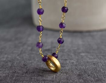 Chaîne de cercle en or améthyste - Collier de pierres précieuses en cristal violet violet plaqué or - VIK-01 6