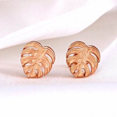 Orecchini a lobo foglia Monstera - 925 Sterling Rose Gold Plated - Gioielli foglia esotica - OHR925-89