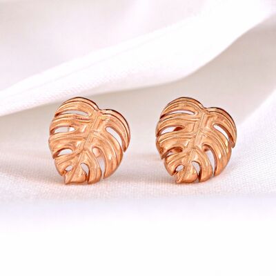 Monstera Leaf Stud Earrings - 925 Sterling Rose Gold Plated - Exotic Leaf Jewelry - OHR925-89