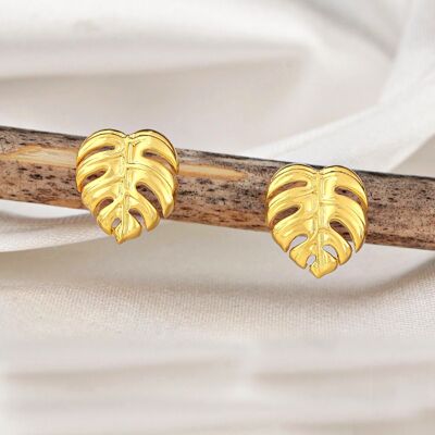 Monstera Leaf Stud Earrings - 925 Gold Plated - Exotic Leaves Earrings - OHR925-76