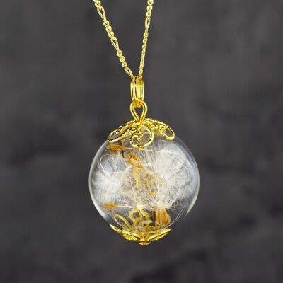 Dandelion Glass Pendant - 925 Sterling Gold Gilded Dandelion Seed Necklace K925-62 - Long Necklace 70cm