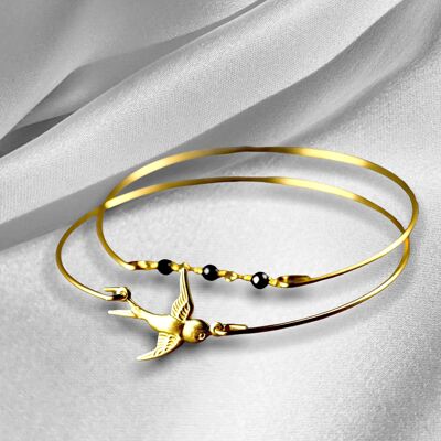 Onyx Swallow Gold Bangles Set - Gold Plated Black Gemstone Rondelle Animal Bird Swallow Jewelry Set - RETARM-38