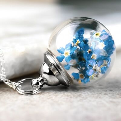 Collier en Argent 925 Fleurs de Myosotis - Chaîne Botanique Terrarium - K925-41 - Argent 925 - Chaîne Moyenne 60cm