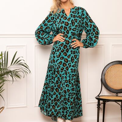 Long printed v-neck dress, loose fit, gathered, invisible pockets