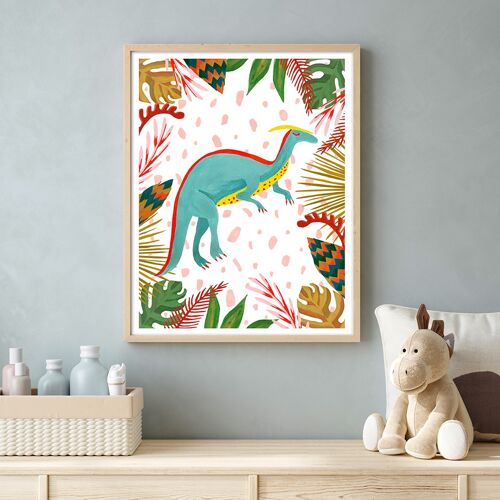 Blue Parasaurolophus Dinosaur Nursery Art Print A4 21 x 29.7cm