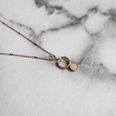 Mini round leather necklace and hammered ring #1 - Nude