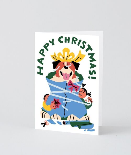 Christmas Greetings Card - Wrapped Dog - Embossed