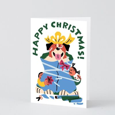Weihnachtsgrußkarte – eingewickelter Hund – geprägt