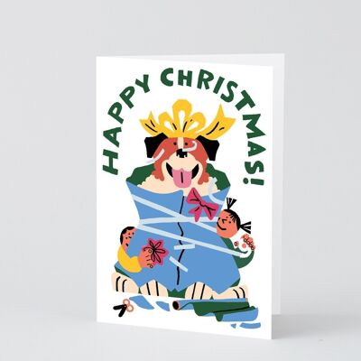 Tarjeta de Felicitación de Navidad - Perro Envuelto - Relieve