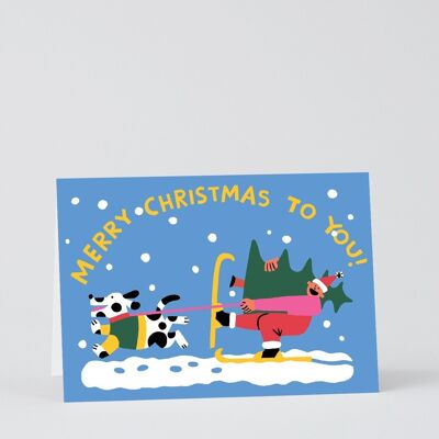 Christmas Greetings Card - Merry Christmas Skiing - Embossed