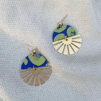 Indie Blue & Green Brass Half Sun Charm Ball Stud Earring