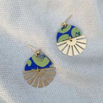 Indie Blue & Green Brass Half Sun Charm Ball Stud Earring