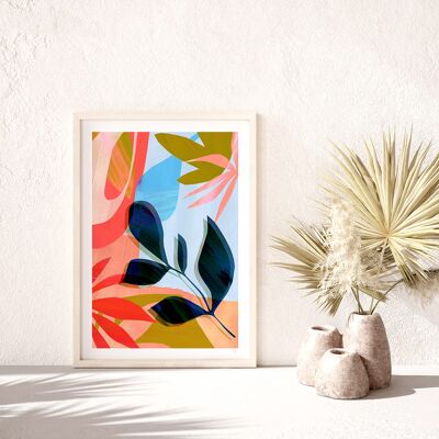 Blue & Pink Abstract Leaf Art Print A3 29.7 x 42cm