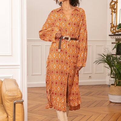Bohemian print ruffled tunic shirt dress with invisible pockets