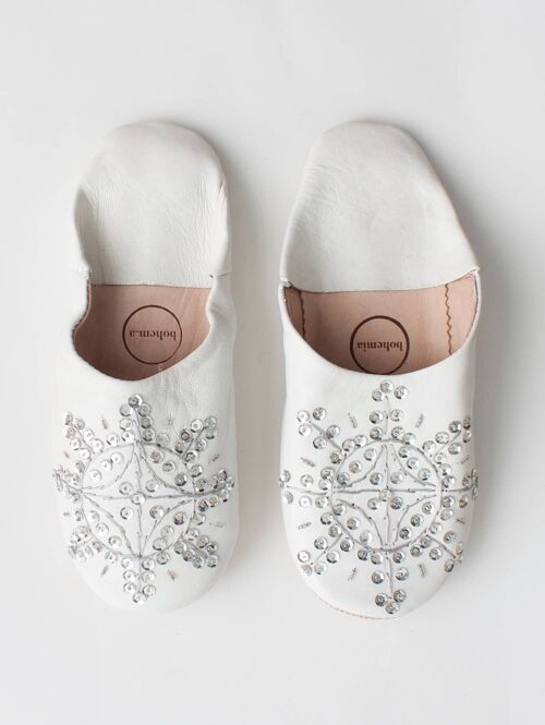 Moroccan Babouche Sequin Slippers, White & Silver