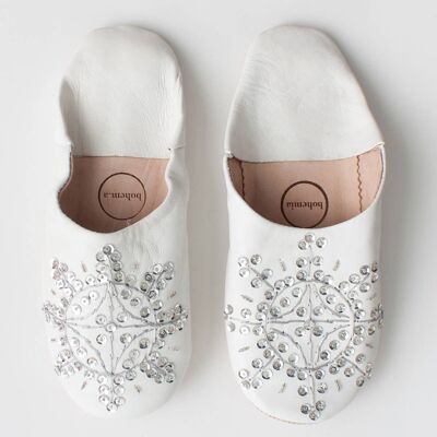 Moroccan Babouche Sequin Slippers, White & Silver