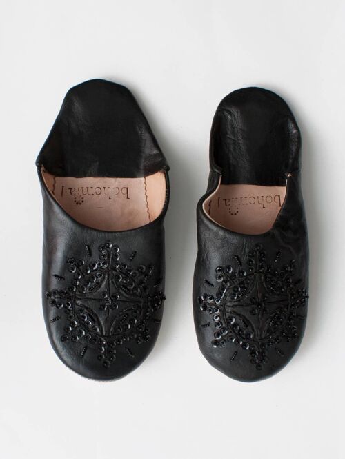 Moroccan Babouche Sequin Slippers, Black