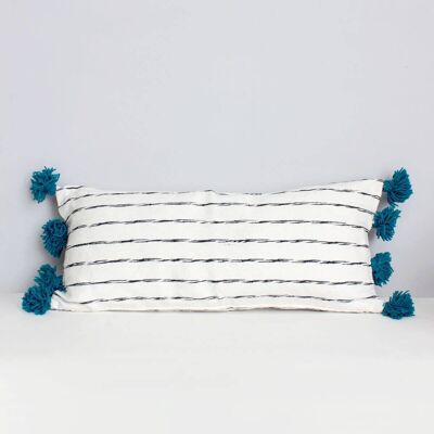 White Cotton Scribble Stripe Rectangle Cushions, Blue