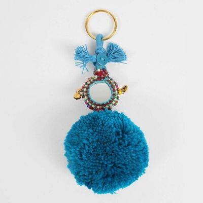Porte-clés miroir bleu sarcelle à pompons