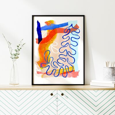 Abstrakter Blatt-Kunstdruck in Blau und Orange, A3, 29,7 x 42 cm