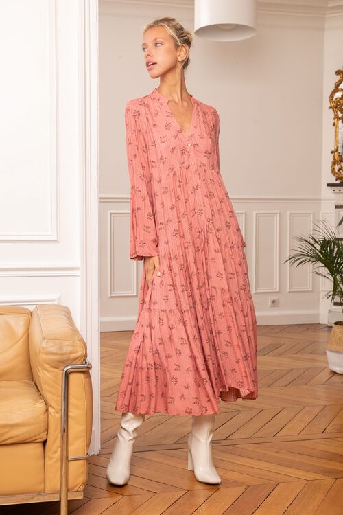 Robe longue à imprimé bohème boutonnée devant et col V avec manches évases