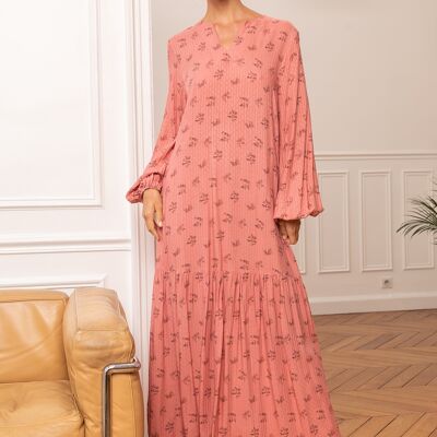 Long printed v-neck dress, loose fit, gathered, invisible pockets