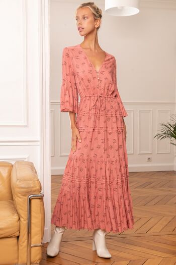 Robe longue à imprimé fleuri boutonnée devant et col V 1