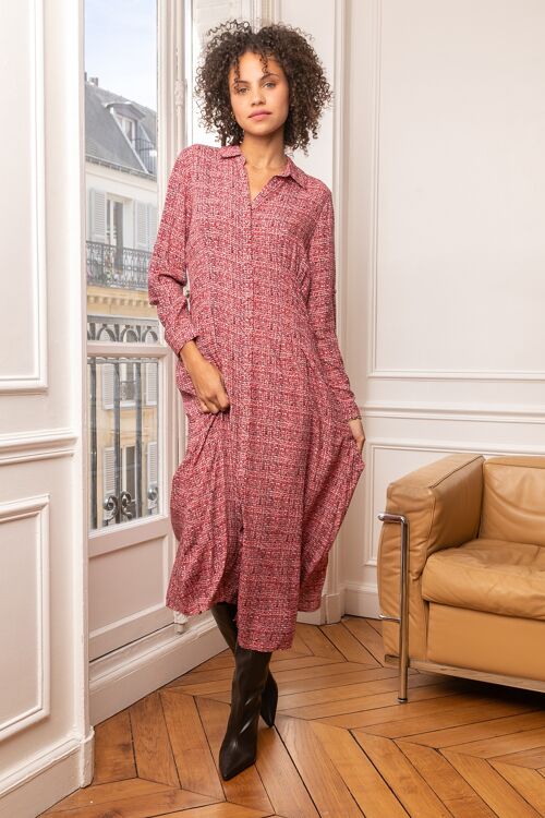 Robe longue style chemise imprimée coupe ample à fronces