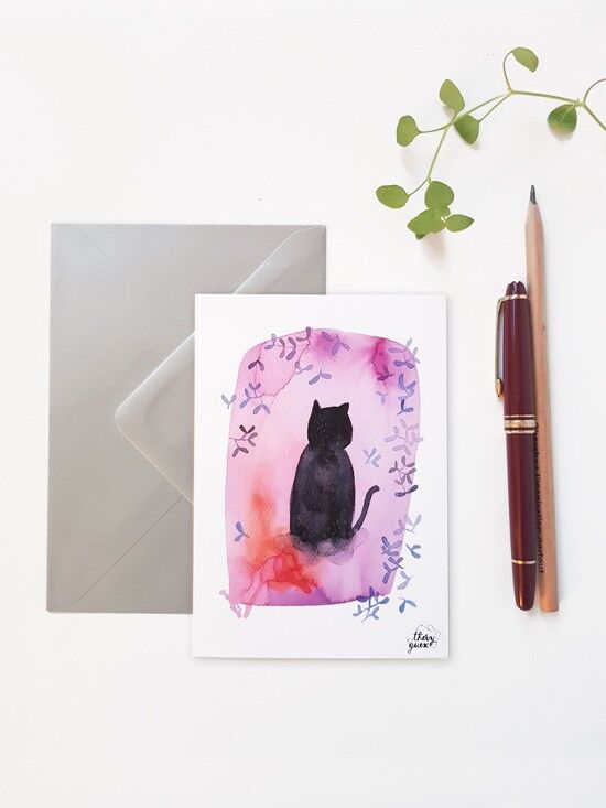 AQUARELL-SCHWARZE CAT-POSTKARTE