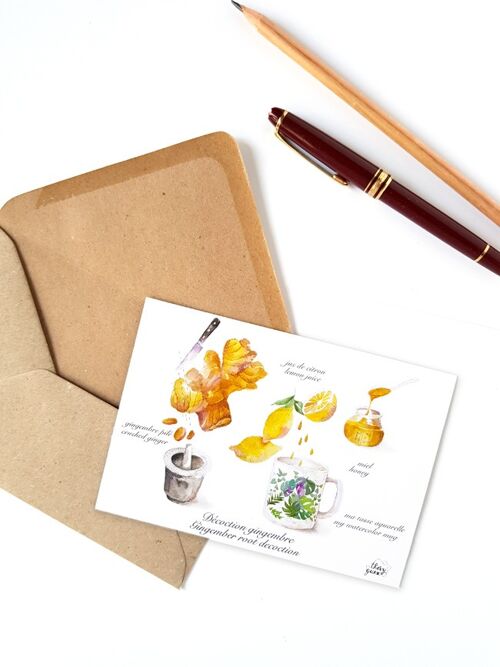 CARTE POSTALE RECETTE BOISSON GINGEMBRE CITRON AQUARELLE