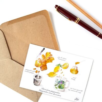 CARTE POSTALE RECETTE BOISSON GINGEMBRE CITRON AQUARELLE