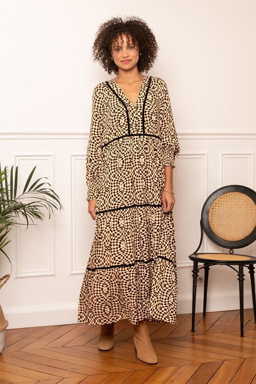 Maxi robe longue en col V à imprime bohème avec poche invisible