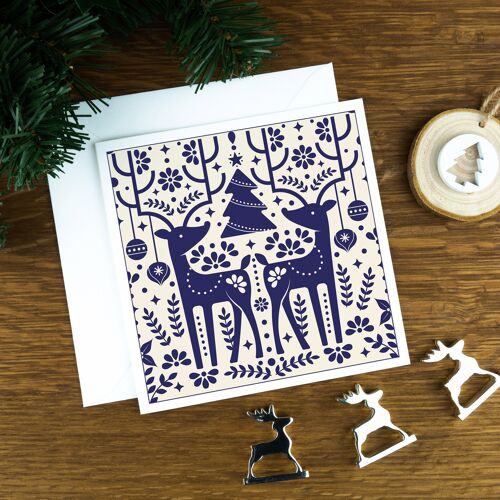 Luxury Nordic Christmas Cards: The Reindeers, Blue on a Light Background.