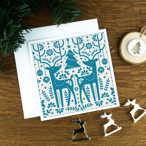 Luxury Nordic Christmas Card: The Reindeers, Teal on a Light Background.
