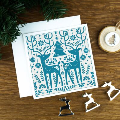 Carte de Noël nordique de luxe : les rennes, bleu sarcelle sur fond clair.